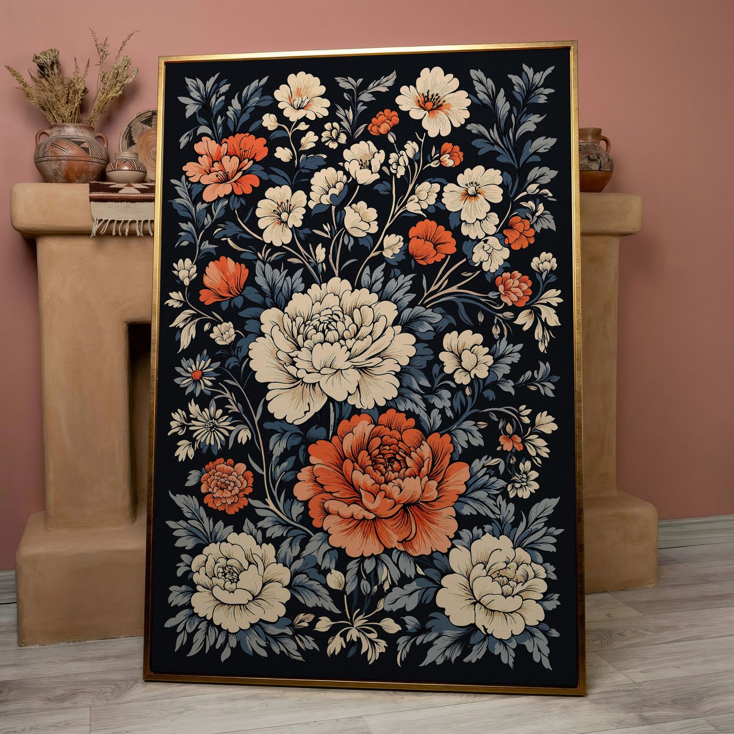 Vintage Peony Canvas in Burnt Orange and Ivory in rose gold floating frame