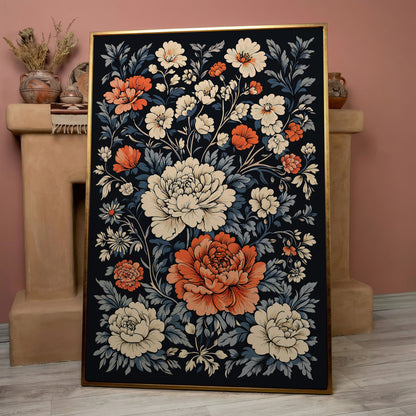 Vintage Peony Canvas in Burnt Orange and Ivory in rose gold floating frame