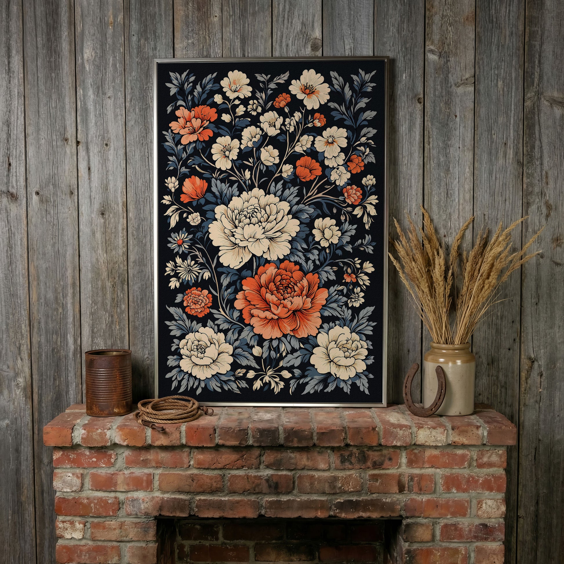 Vintage Peony Canvas in Burnt Orange and Ivory in silver floating frame