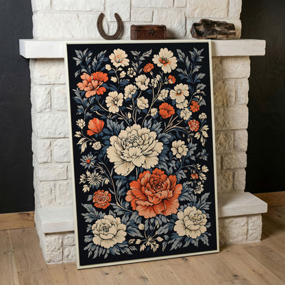 Vintage Peony Canvas in Burnt Orange and Ivory in white floating frame