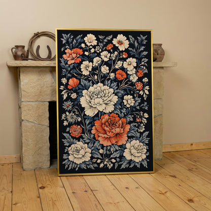 Vintage Peony Canvas in Burnt Orange and Ivory in yellow gold floating frame