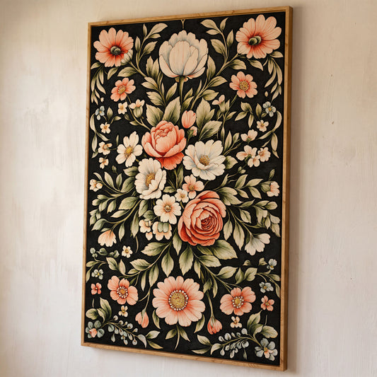 Dusty Peach Roses on Charcoal Canvas shown in white oak floating frame