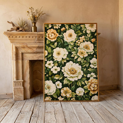 Forest Green Peony Canvas Print with Cream Blooms in antique gold floating frame