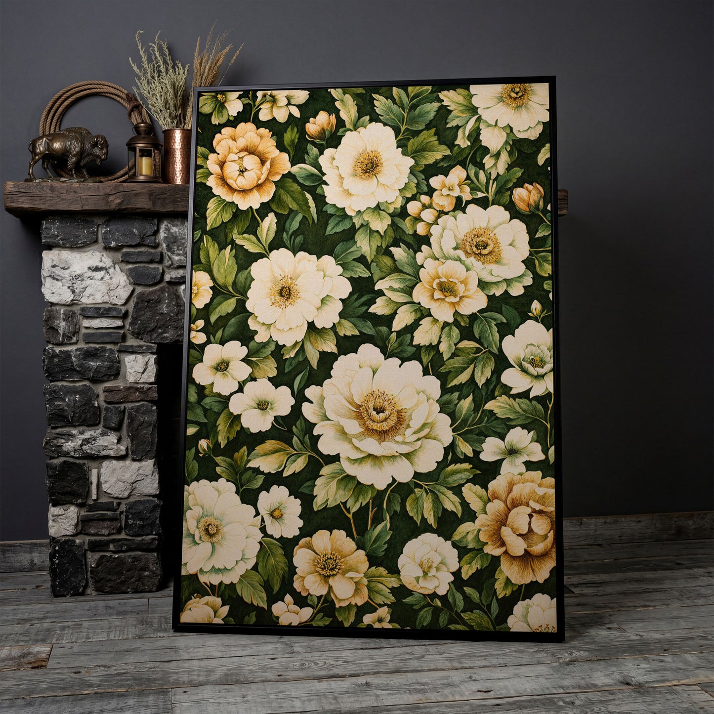 Forest Green Peony Canvas Print with Cream Blooms in black floating frame
