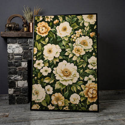 Forest Green Peony Canvas Print with Cream Blooms in black floating frame