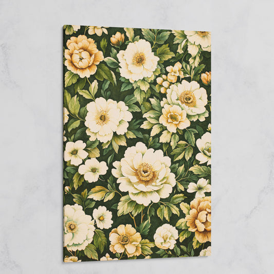 Forest Green Peony Canvas Print with Cream Blooms on gallery wrap