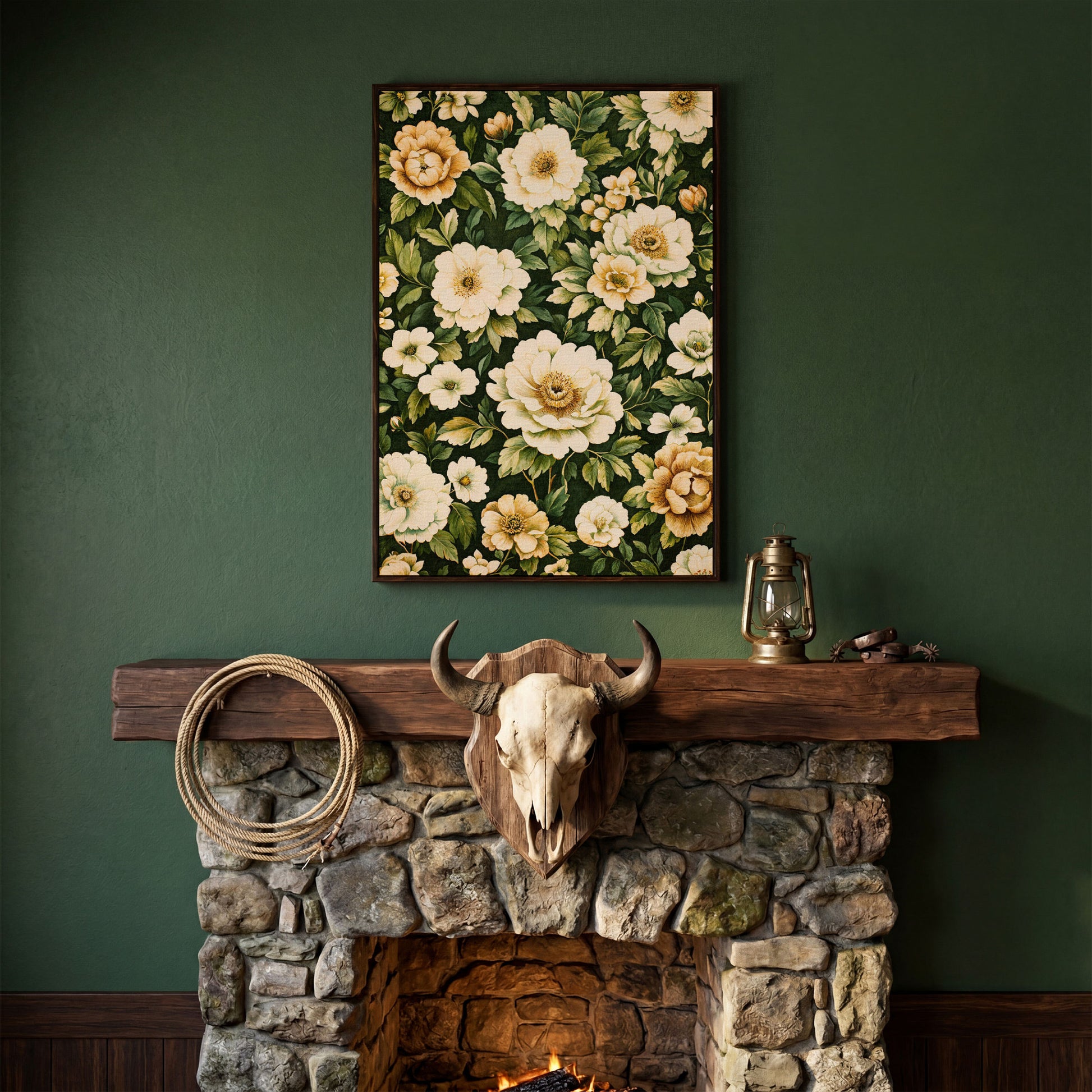Forest Green Peony Canvas Print with Cream Blooms in dark walnut floating frame