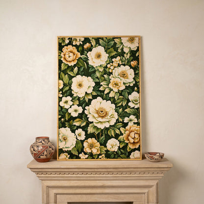 Forest Green Peony Canvas Print with Cream Blooms in white oak floating frame