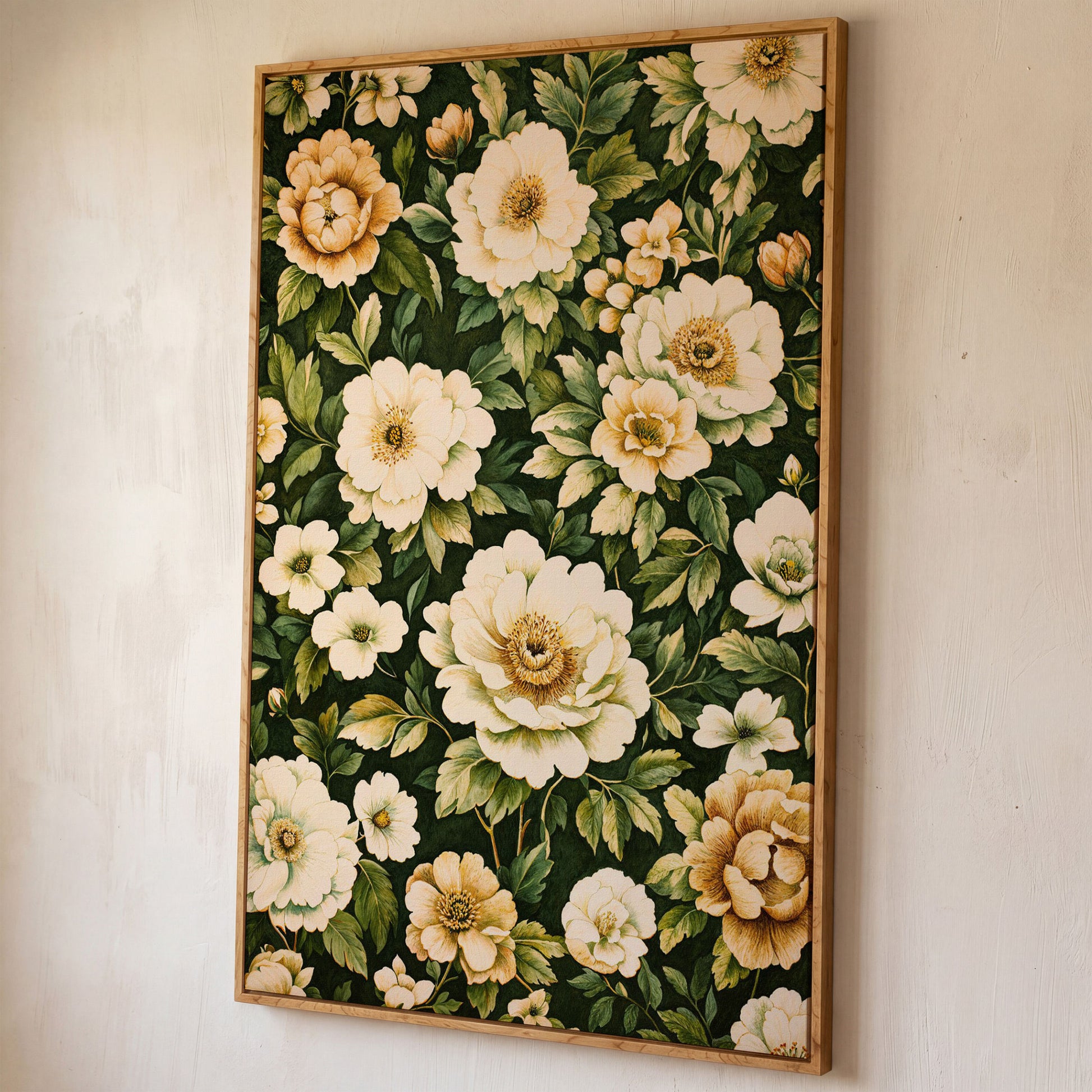 Forest Green Peony Canvas Print with Cream Blooms shown in white oak floating frame