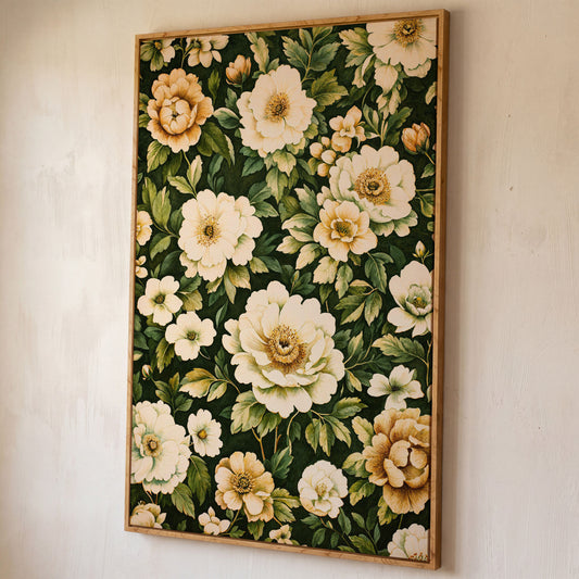 Forest Green Peony Canvas Print with Cream Blooms shown in white oak floating frame