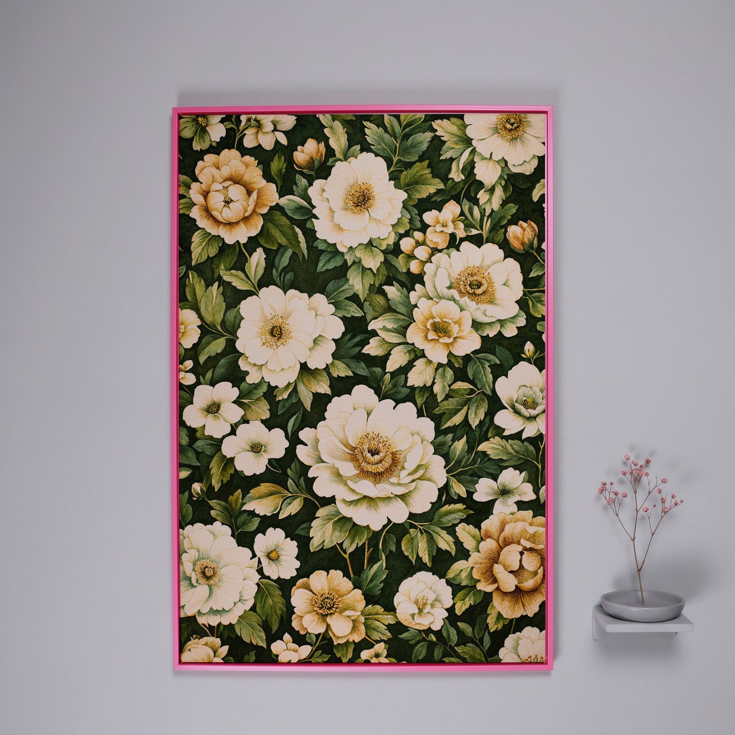 Forest Green Peony Canvas Print with Cream Blooms in pink floating frame