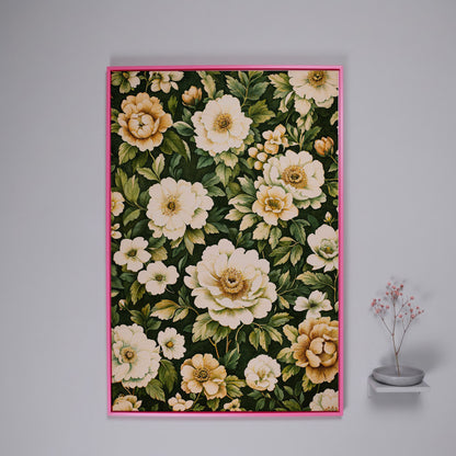 Forest Green Peony Canvas Print with Cream Blooms in pink floating frame
