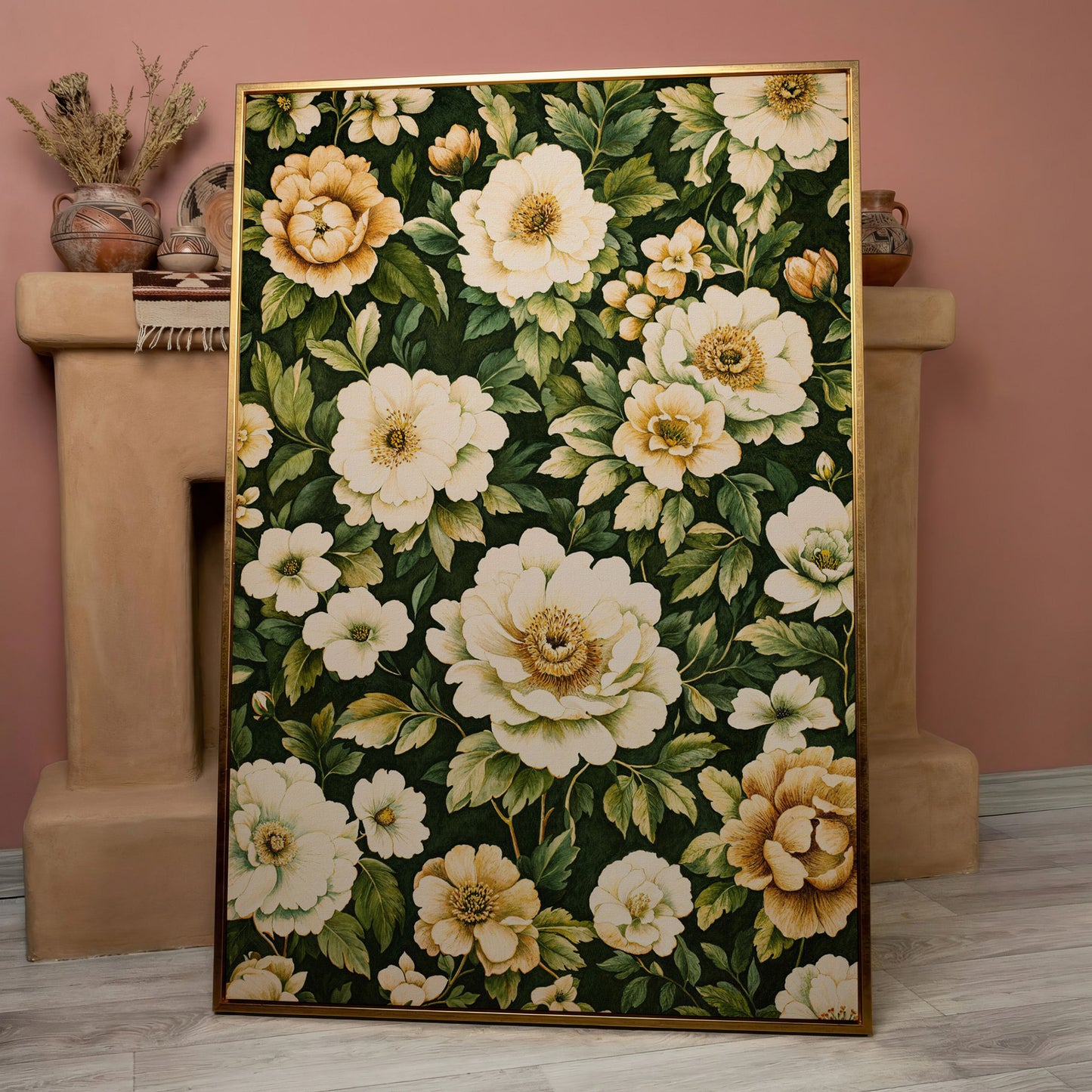 Forest Green Peony Canvas Print with Cream Blooms in rose gold floating frame