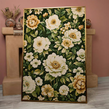 Forest Green Peony Canvas Print with Cream Blooms in rose gold floating frame