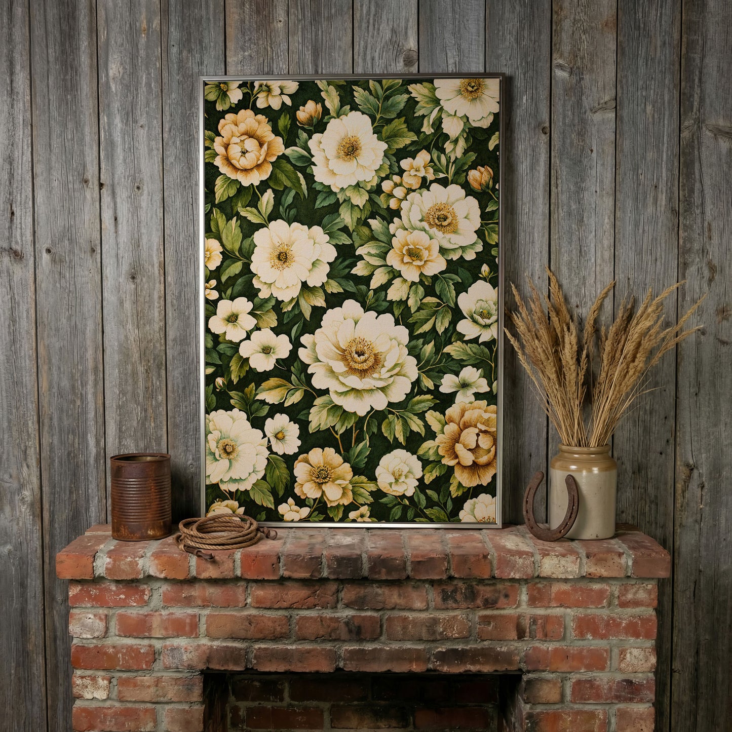 Forest Green Peony Canvas Print with Cream Blooms in silver floating frame