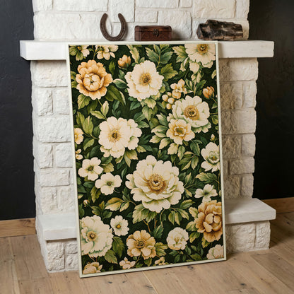 Forest Green Peony Canvas Print with Cream Blooms in white floating frame