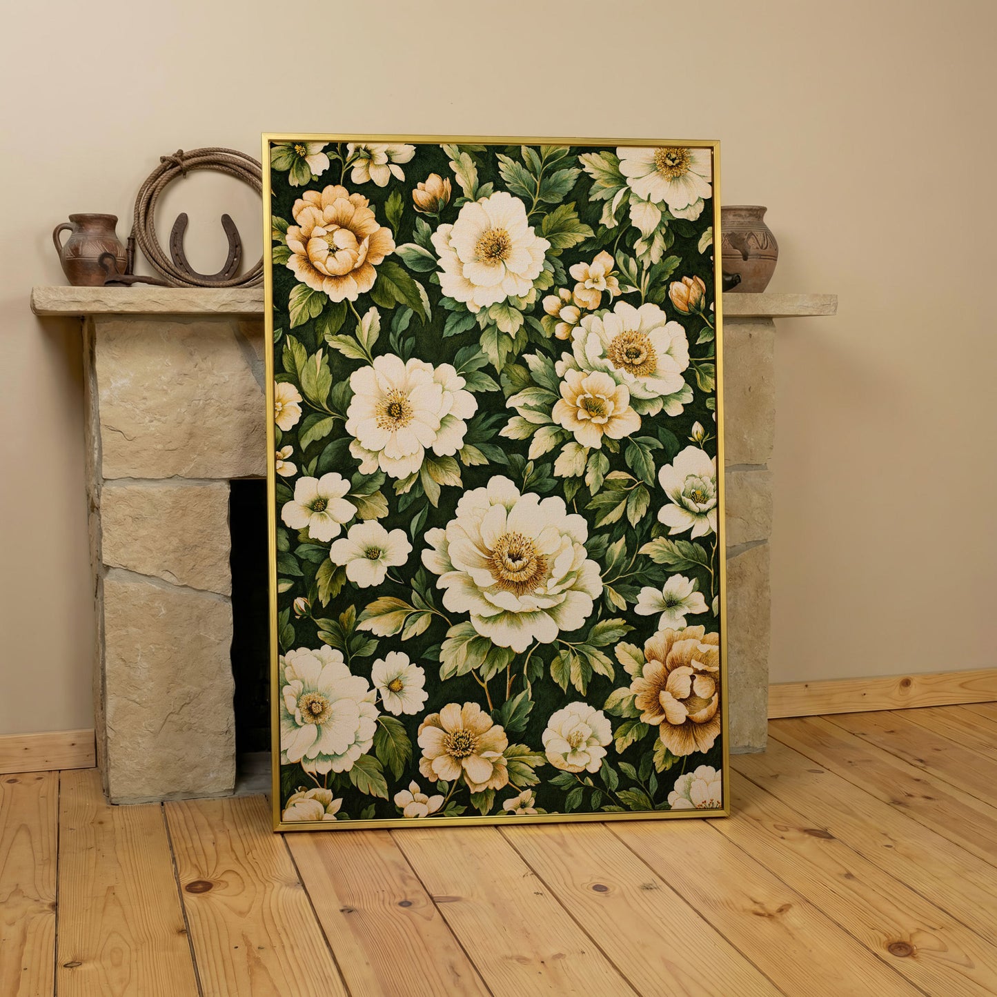 Forest Green Peony Canvas Print with Cream Blooms in yellow gold floating frame