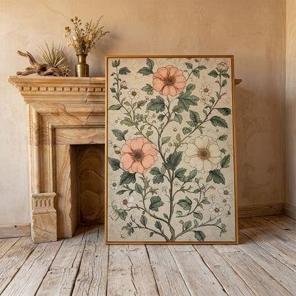 Vintage Floral Botanical Canvas in Peach & Sage in antique gold floating frame