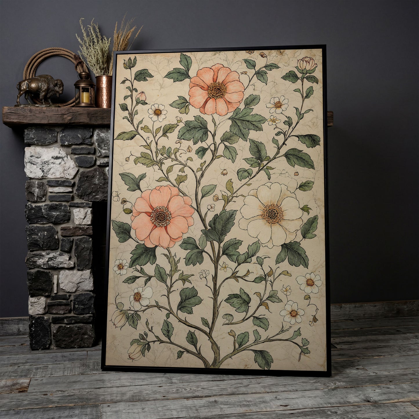 Vintage Floral Botanical Canvas in Peach & Sage in black floating frame
