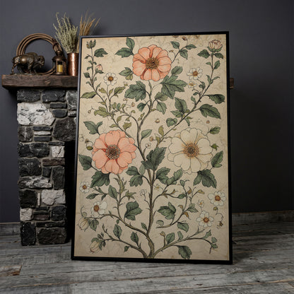 Vintage Floral Botanical Canvas in Peach & Sage in black floating frame
