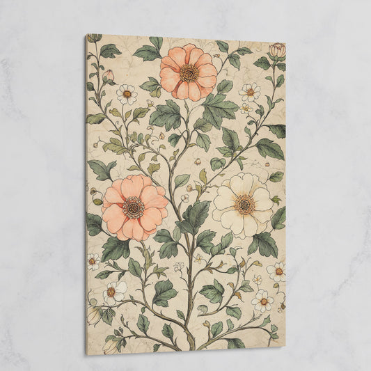 Vintage Floral Botanical Canvas in Peach & Sage on gallery wrap