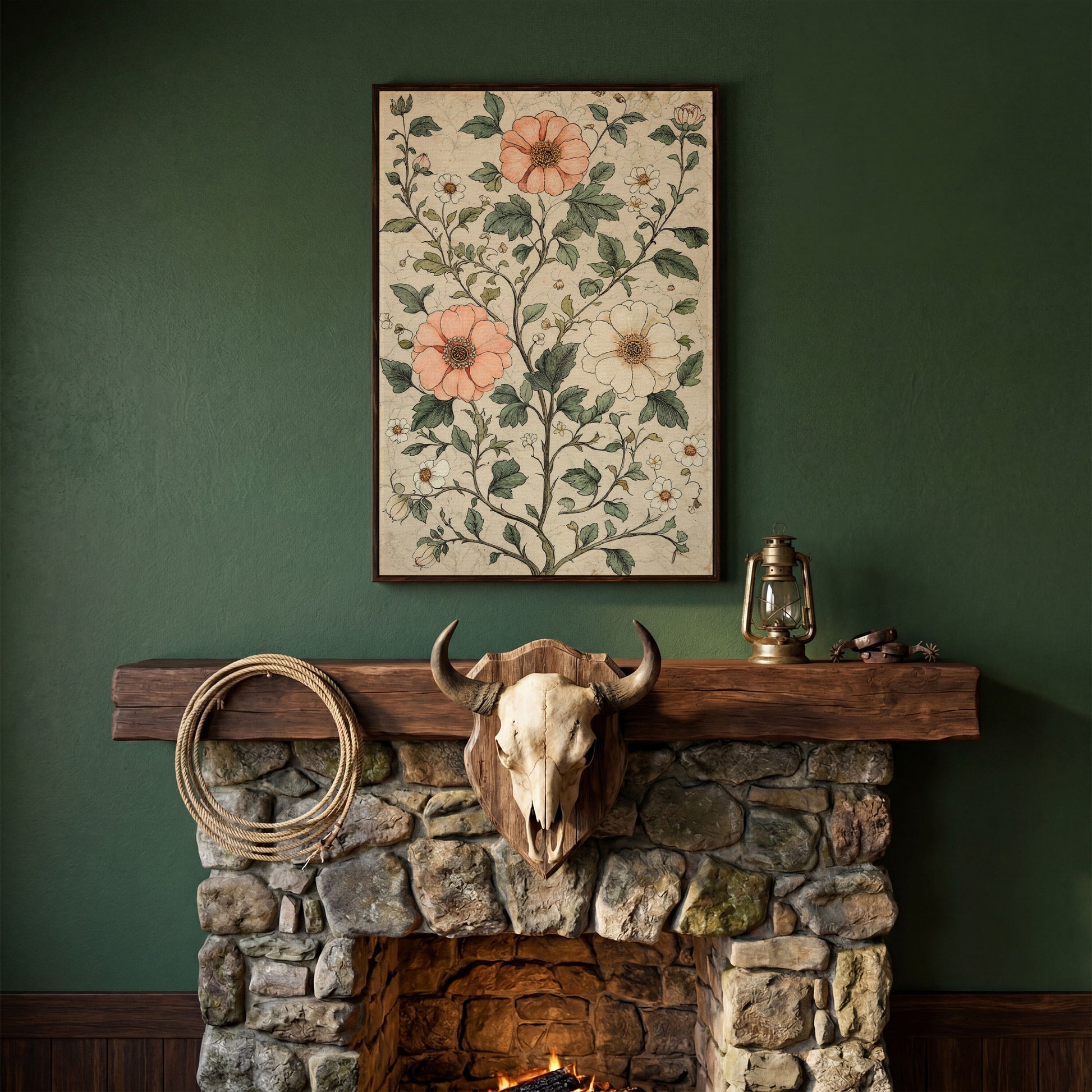 Vintage Floral Botanical Canvas in Peach & Sage in dark walnut floating frame