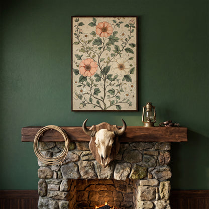 Vintage Floral Botanical Canvas in Peach & Sage in dark walnut floating frame