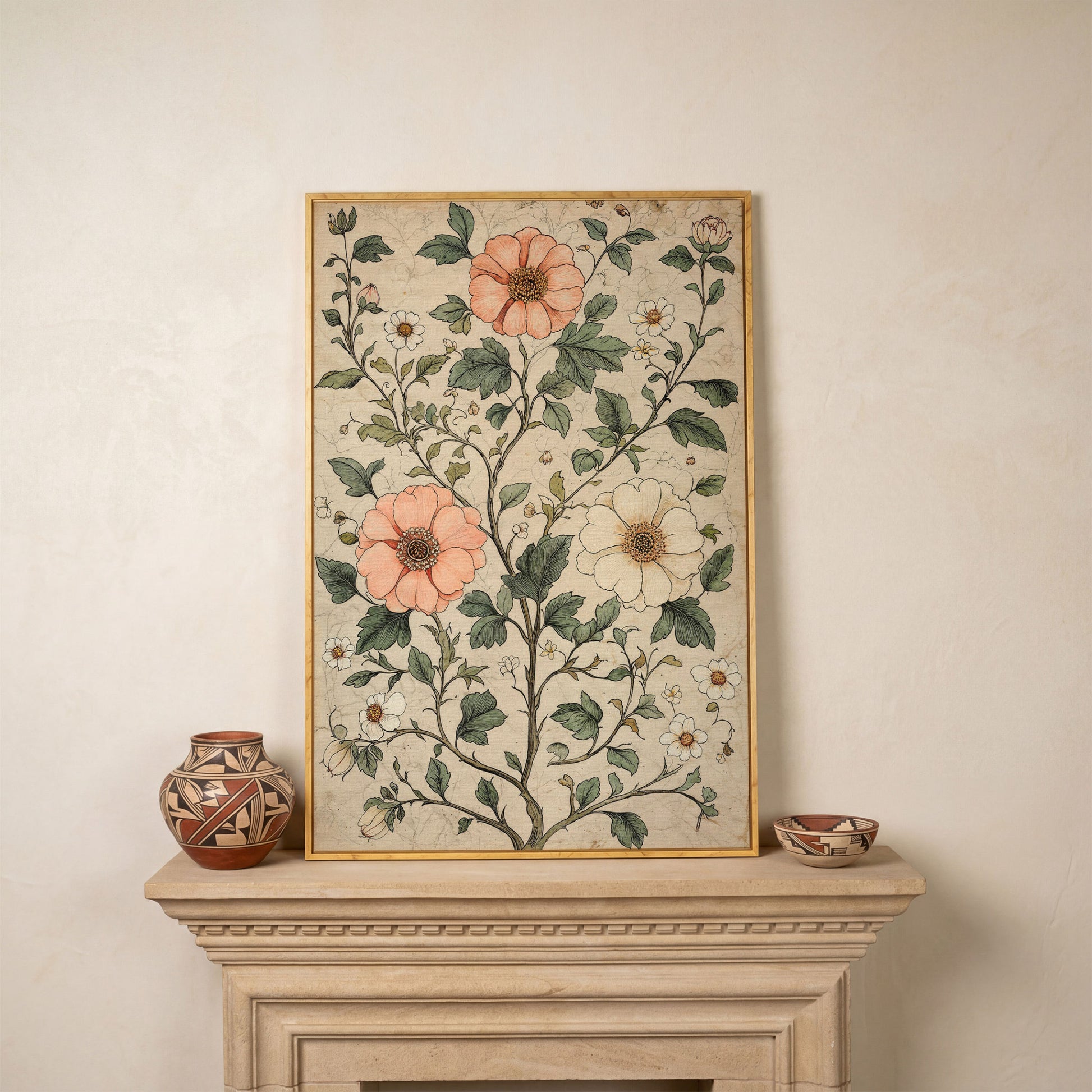 Vintage Floral Botanical Canvas in Peach & Sage in white oak floating frame