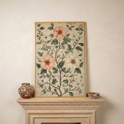 Vintage Floral Botanical Canvas in Peach & Sage in white oak floating frame