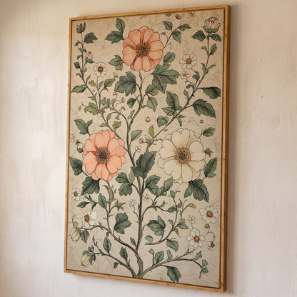 Vintage Floral Botanical Canvas in Peach & Sage shown in white oak floating frame