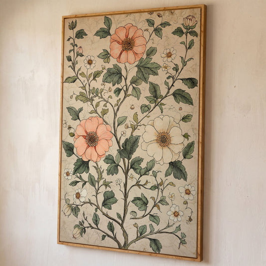 Vintage Floral Botanical Canvas in Peach & Sage shown in white oak floating frame