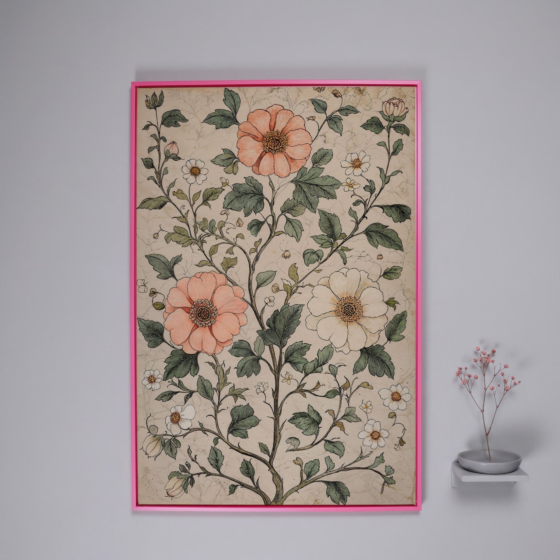 Vintage Floral Botanical Canvas in Peach & Sage in pink floating frame