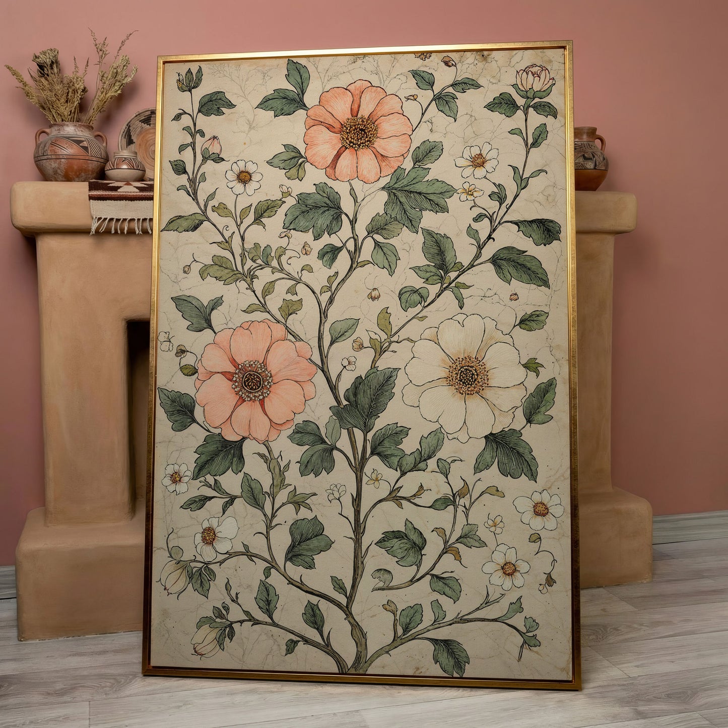 Vintage Floral Botanical Canvas in Peach & Sage in rose gold floating frame