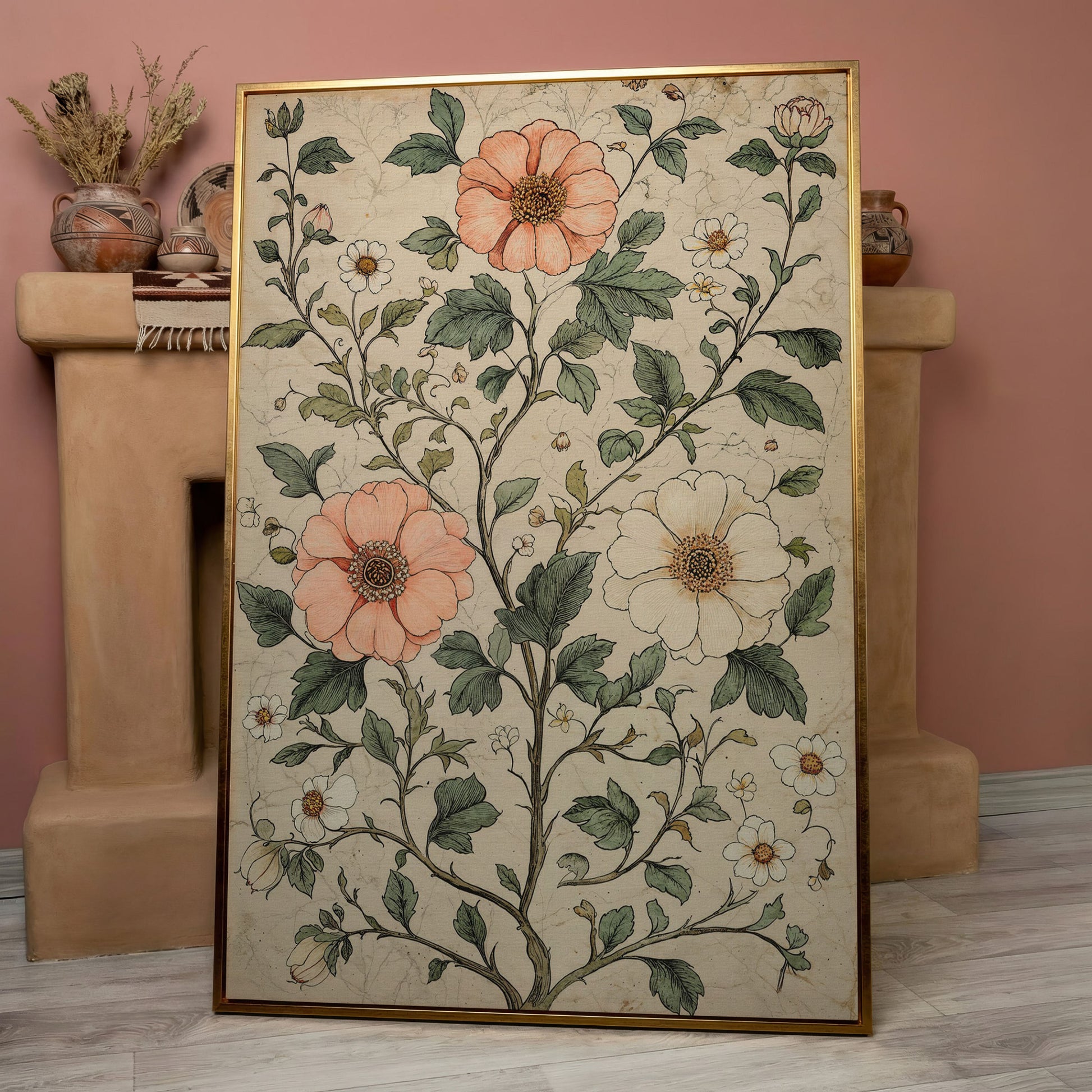 Vintage Floral Botanical Canvas in Peach & Sage in rose gold floating frame