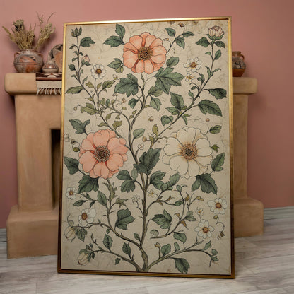 Vintage Floral Botanical Canvas in Peach & Sage in rose gold floating frame
