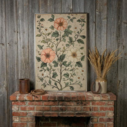 Vintage Floral Botanical Canvas in Peach & Sage in silver floating frame