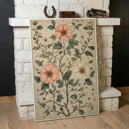Vintage Floral Botanical Canvas in Peach & Sage in white floating frame