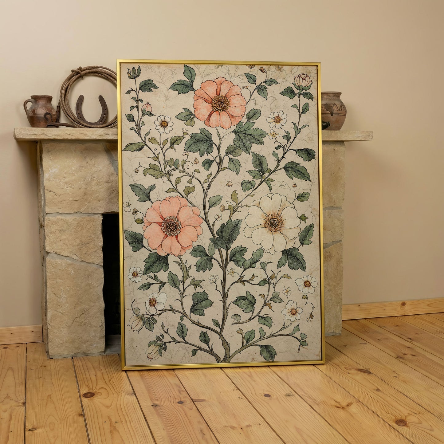 Vintage Floral Botanical Canvas in Peach & Sage in yellow gold floating frame