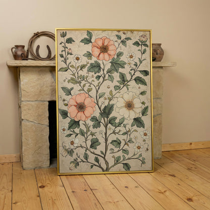 Vintage Floral Botanical Canvas in Peach & Sage in yellow gold floating frame