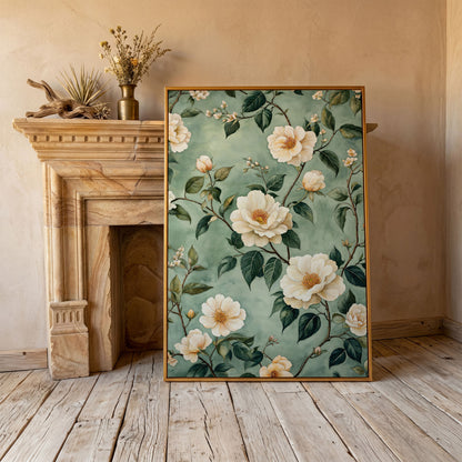 Sage Rose Pattern Canvas Print for Pastel Decor in antique gold floating frame