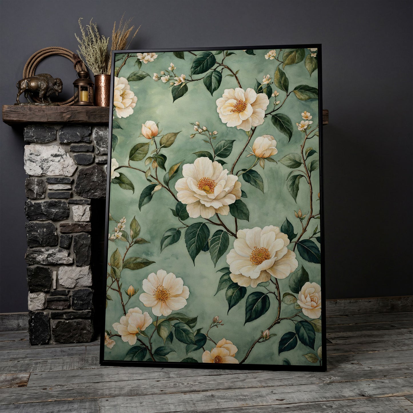 Sage Rose Pattern Canvas Print for Pastel Decor in black floating frame
