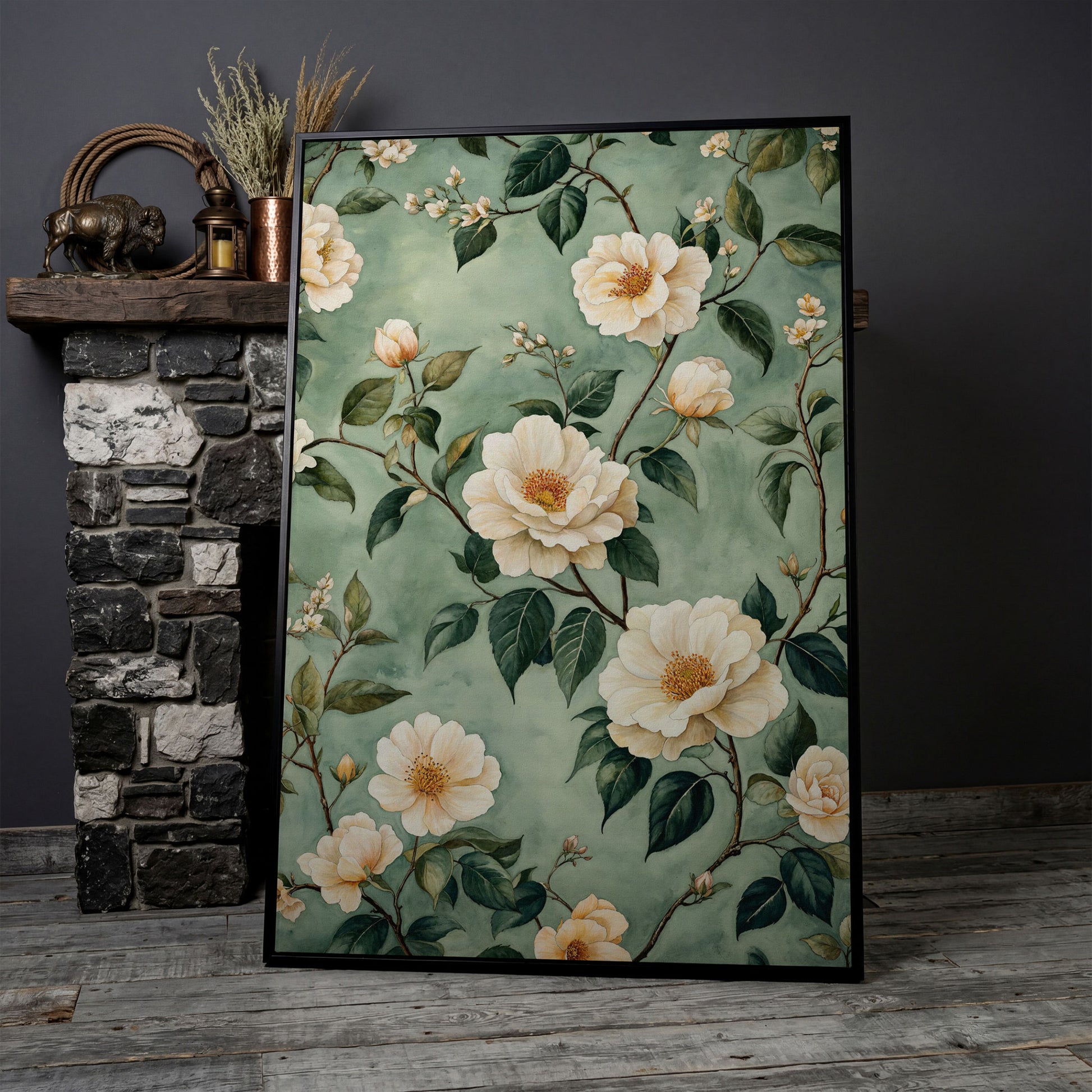 Sage Rose Pattern Canvas Print for Pastel Decor in black floating frame