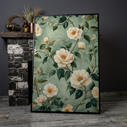 Sage Rose Pattern Canvas Print for Pastel Decor in black floating frame