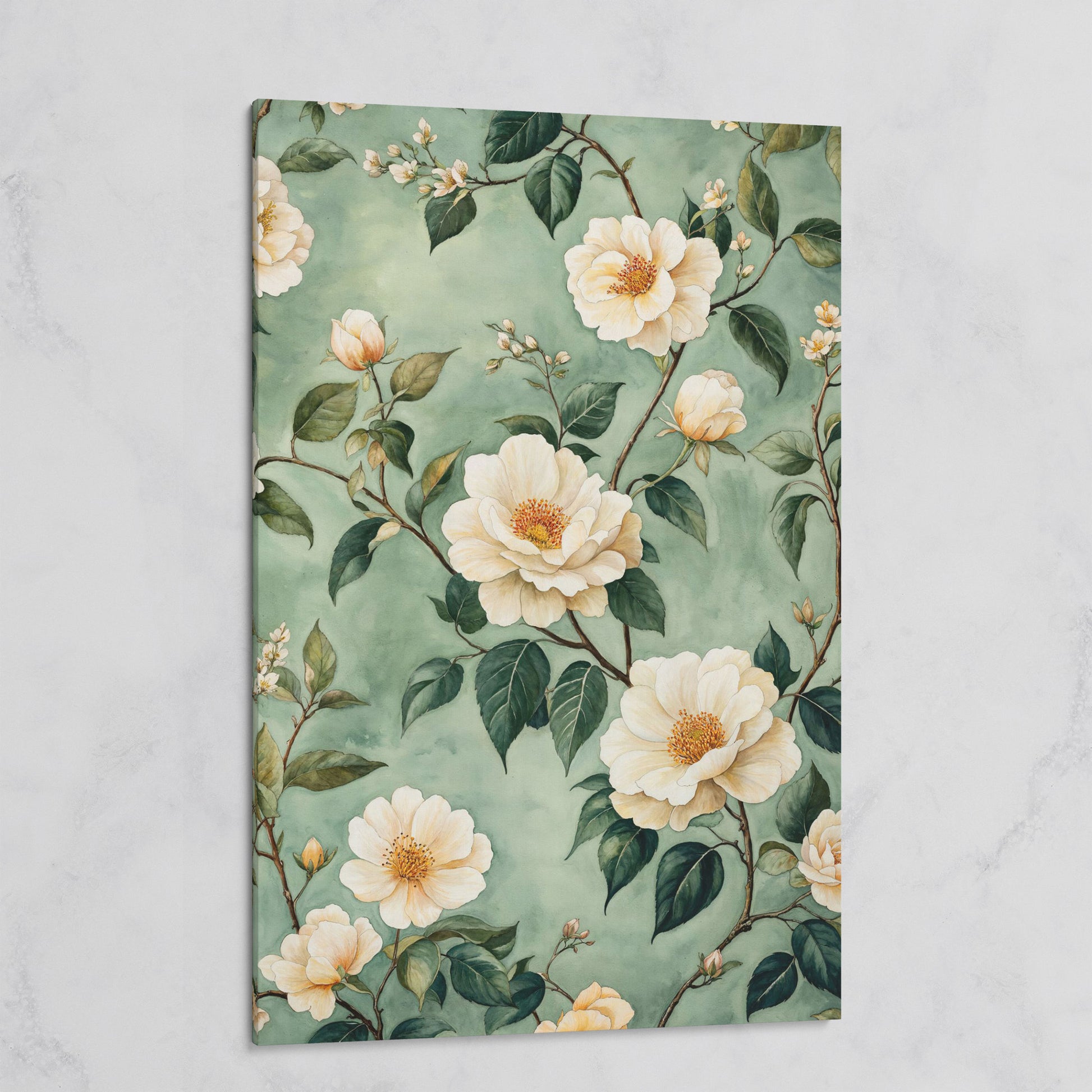 Sage Rose Pattern Canvas Print for Pastel Decor on gallery wrap