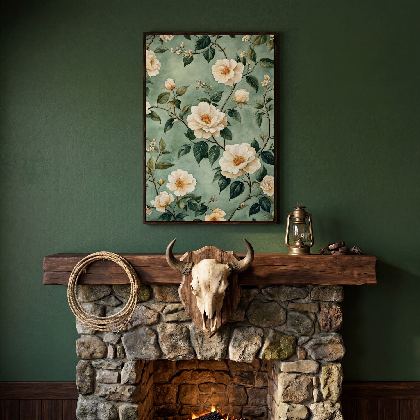 Sage Rose Pattern Canvas Print for Pastel Decor in dark walnut floating frame
