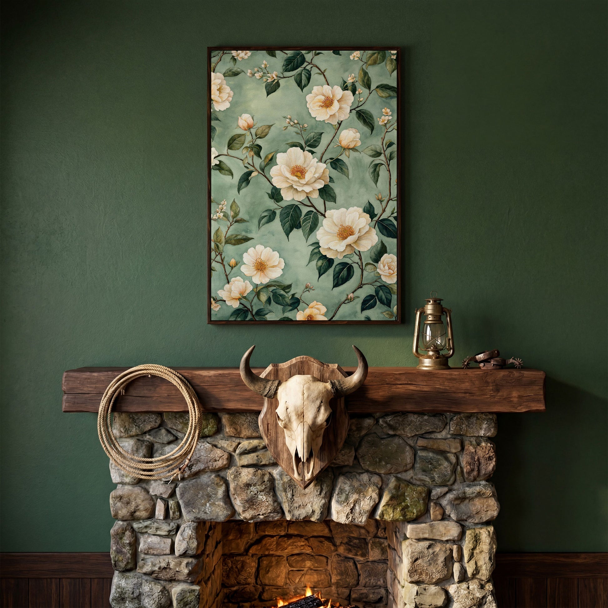 Sage Rose Pattern Canvas Print for Pastel Decor in dark walnut floating frame