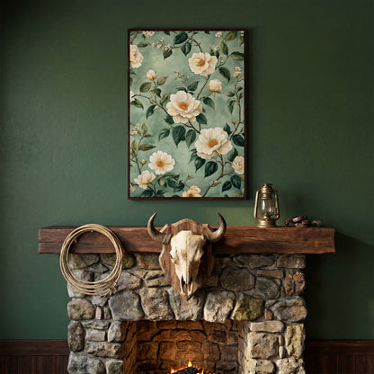 Sage Rose Pattern Canvas Print for Pastel Decor in dark walnut floating frame
