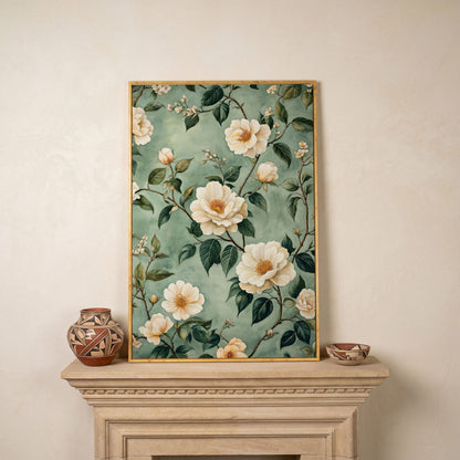 Sage Rose Pattern Canvas Print for Pastel Decor in white oak floating frame