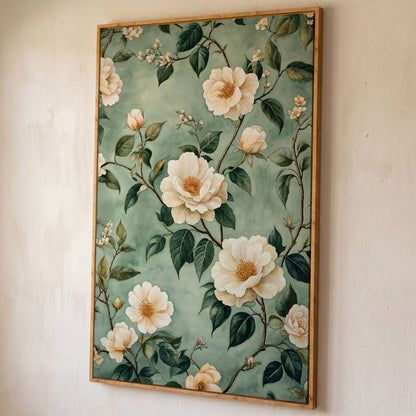 Sage Rose Pattern Canvas Print for Pastel Decor shown in white oak floating frame