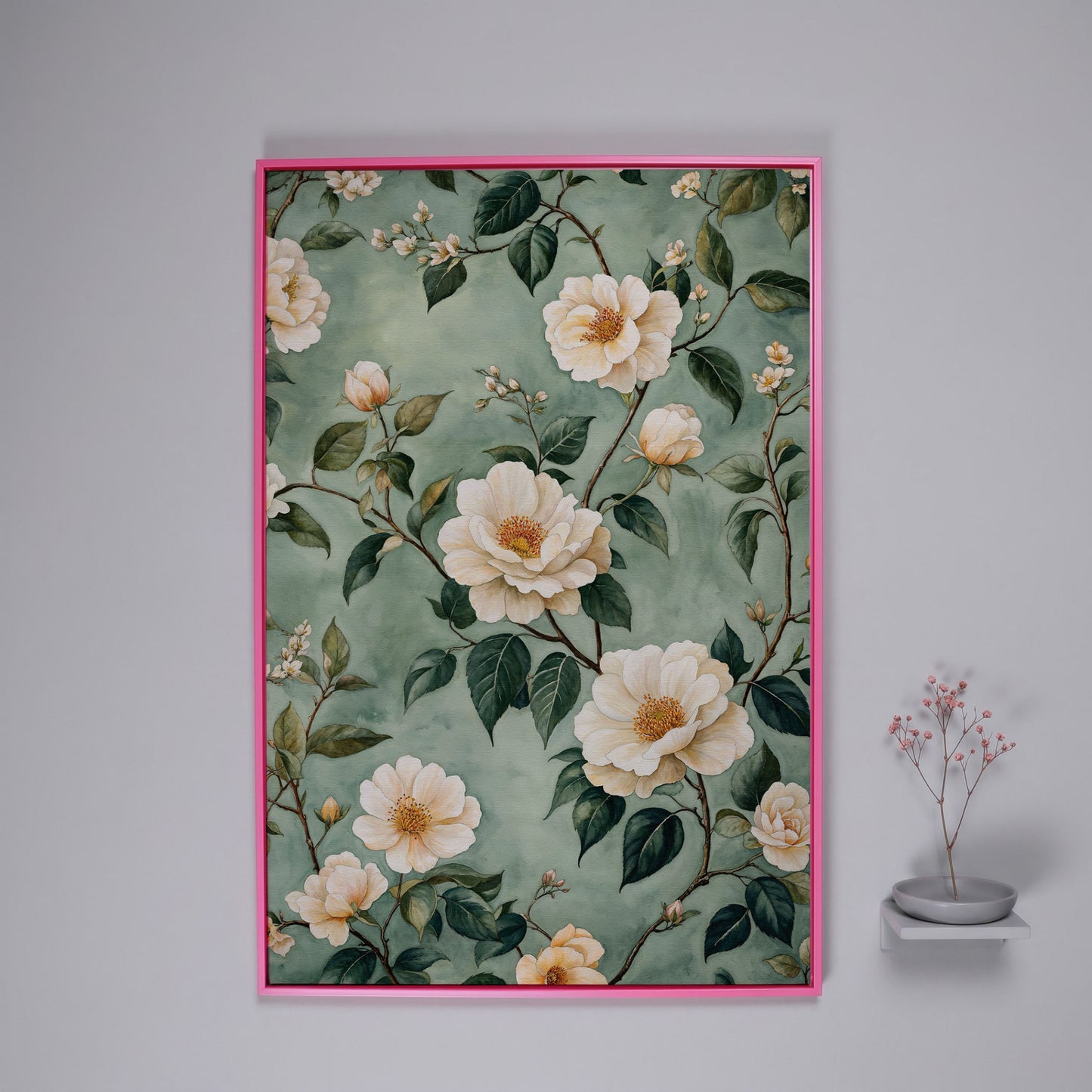 Sage Rose Pattern Canvas Print for Pastel Decor in pink floating frame
